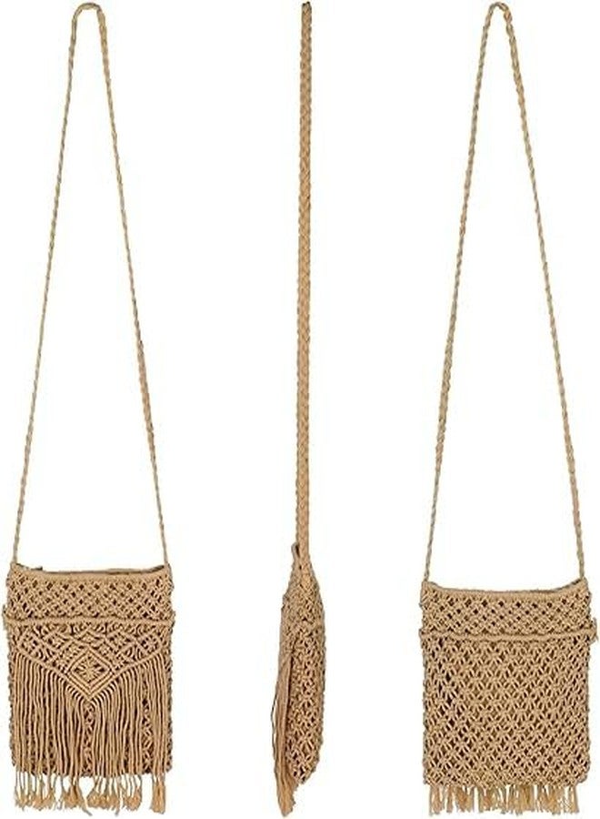 PARAH Women Small Cotton Crochet Cross-body Bag Bohemian Shoulder Bag Purse For Ladies (Light Brown) - Image 3