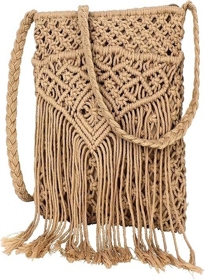 PARAH Women Small Cotton Crochet Cross-body Bag Bohemian Shoulder Bag Purse For Ladies (Light Brown) - Image 4