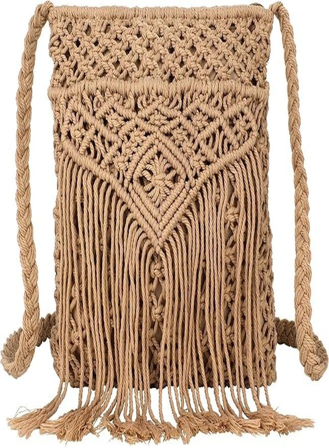 PARAH Women Small Cotton Crochet Cross-body Bag Bohemian Shoulder Bag Purse For Ladies (Light Brown) - Image 1
