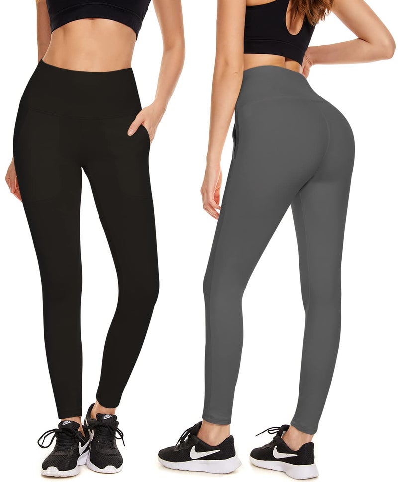 FULLSOFT 2 Pack Fleece Lined Leggings with Pockets for Women High Waisted Thermal Winter Yoga Pants for Workout Running Plus Size(Black,Dark Gray(2 Pack),XX-Large-3X-Large) - Image 2