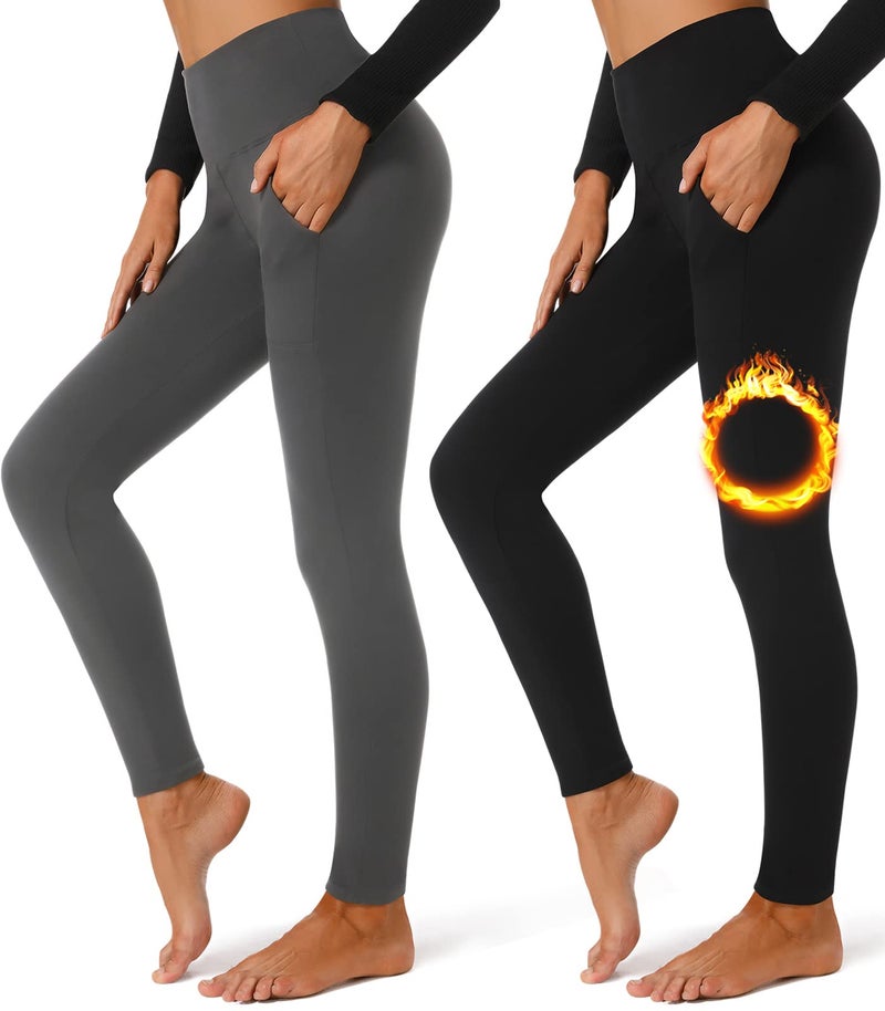 FULLSOFT 2 Pack Fleece Lined Leggings with Pockets for Women High Waisted Thermal Winter Yoga Pants for Workout Running Plus Size(Black,Dark Gray(2 Pack),XX-Large-3X-Large) - Image 1