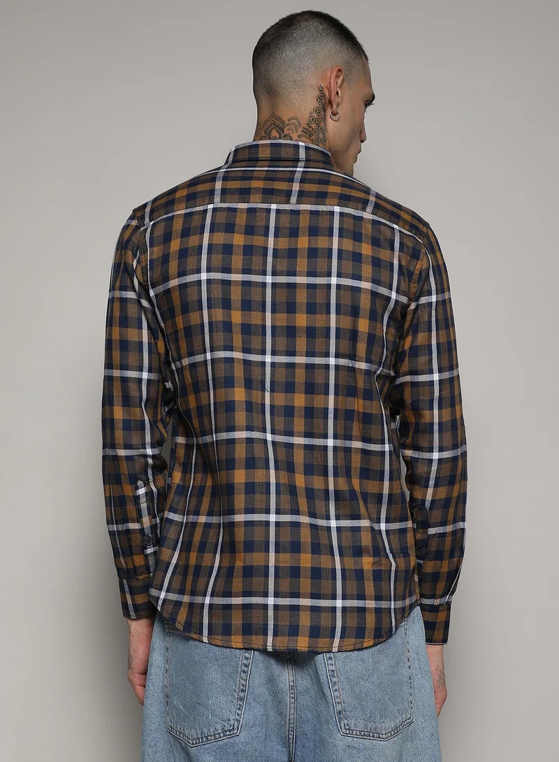 Campus Sutra Men's Cobalt Blue & Mustard Yellow Tartan Plaid Shirt