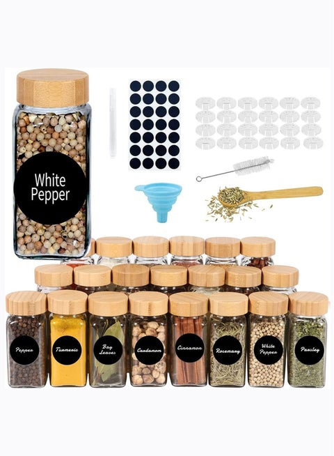 برطمانات التوابل مع الملصقات ، 4 أونصة من برطمانات التوابل الزجاجية مع أغطية ، مجموعة صندوق التوابل مع ملصقات ، قمع قابل للطي ، أقلام (غطاء من الخيزران 24 قطعة) (غطاء من الخيزران 24 قطعة)