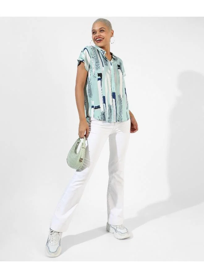 Campus Sutra Women's Sage Green Printed Regular Fit Top