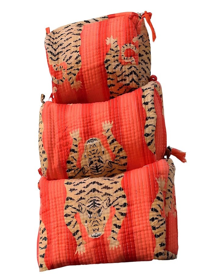 INDACORIFY Beautiful Printed Toiletry Bag Set 3 Pcs Quilted Makeup Bag Cosmetic Bag Block Print Handmade Waterproof Travel Accessory Bag - Image 1
