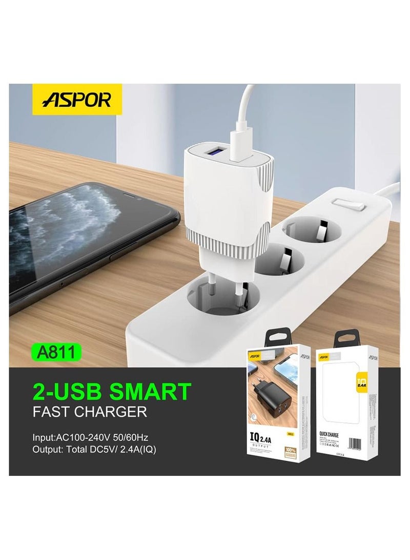 ASPOR A811 2.4 A IQ Home charger + TYPE-C Cable 2 USB - White - Image 4