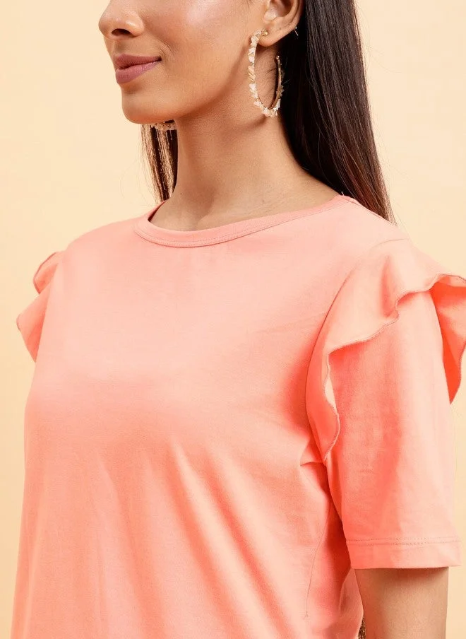 مينت ستريت Peach Ruffle Sleeve Cotton T-Shirt for Women