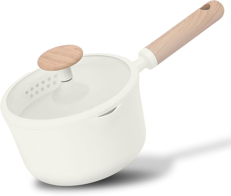 1.9 Litre Ceramic Nonstick Saucepan with Dual-Size Strainer Lid, PFAS-Free Healthy Cooking, Ergonomic Wood-Like Handle, Full-Spray Base, All-Stovetop Compatible, Dishwasher Safe (Cream) - Image 1