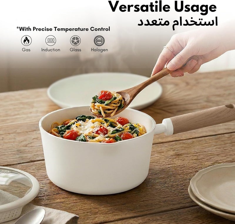 1.9 Litre Ceramic Nonstick Saucepan with Dual-Size Strainer Lid, PFAS-Free Healthy Cooking, Ergonomic Wood-Like Handle, Full-Spray Base, All-Stovetop Compatible, Dishwasher Safe (Cream) - Image 5