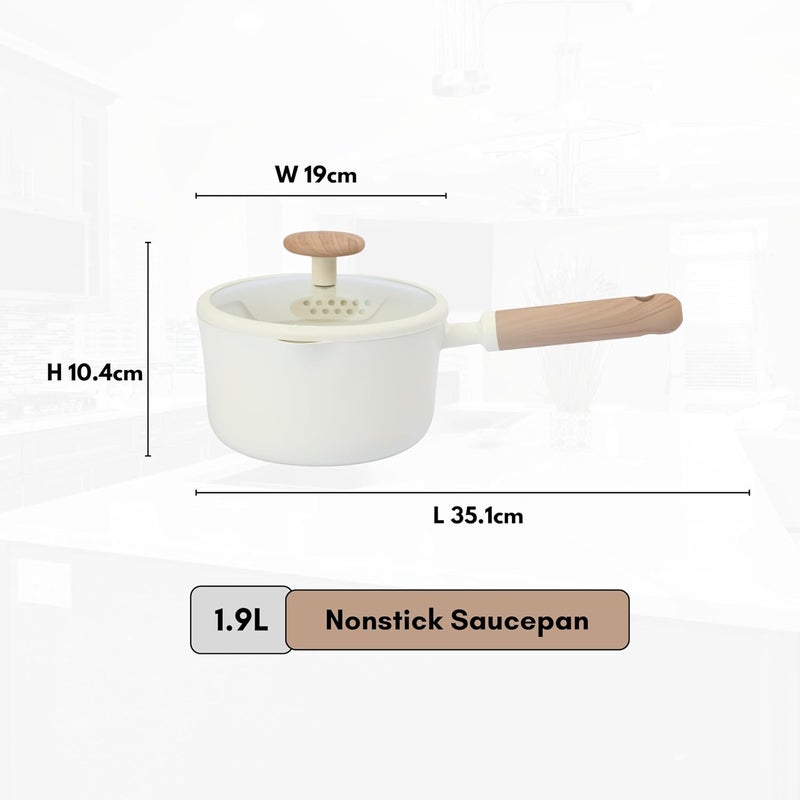 1.9 Litre Ceramic Nonstick Saucepan with Dual-Size Strainer Lid, PFAS-Free Healthy Cooking, Ergonomic Wood-Like Handle, Full-Spray Base, All-Stovetop Compatible, Dishwasher Safe (Cream) - Image 2
