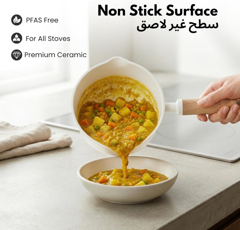 1.9 Litre Ceramic Nonstick Saucepan with Dual-Size Strainer Lid, PFAS-Free Healthy Cooking, Ergonomic Wood-Like Handle, Full-Spray Base, All-Stovetop Compatible, Dishwasher Safe (Cream) - Image 3
