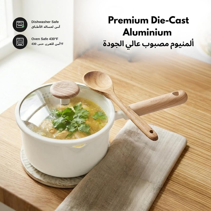 1.9 Litre Ceramic Nonstick Saucepan with Dual-Size Strainer Lid, PFAS-Free Healthy Cooking, Ergonomic Wood-Like Handle, Full-Spray Base, All-Stovetop Compatible, Dishwasher Safe (Cream) - Image 4