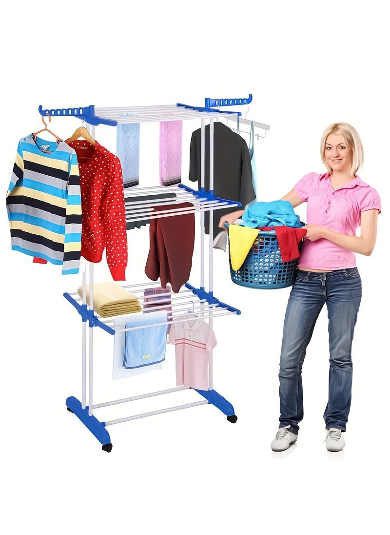 Juud - Juud 3-Tier Foldable Clothes Drying Rack with Adjustable Folding Wings Indoor Outdoor Laundry Stand Movable Airer with Wheels Durable Metal Frame Rolling Cloth Rack Dryer Stand for Balcony & Shoes Drying - Image 1