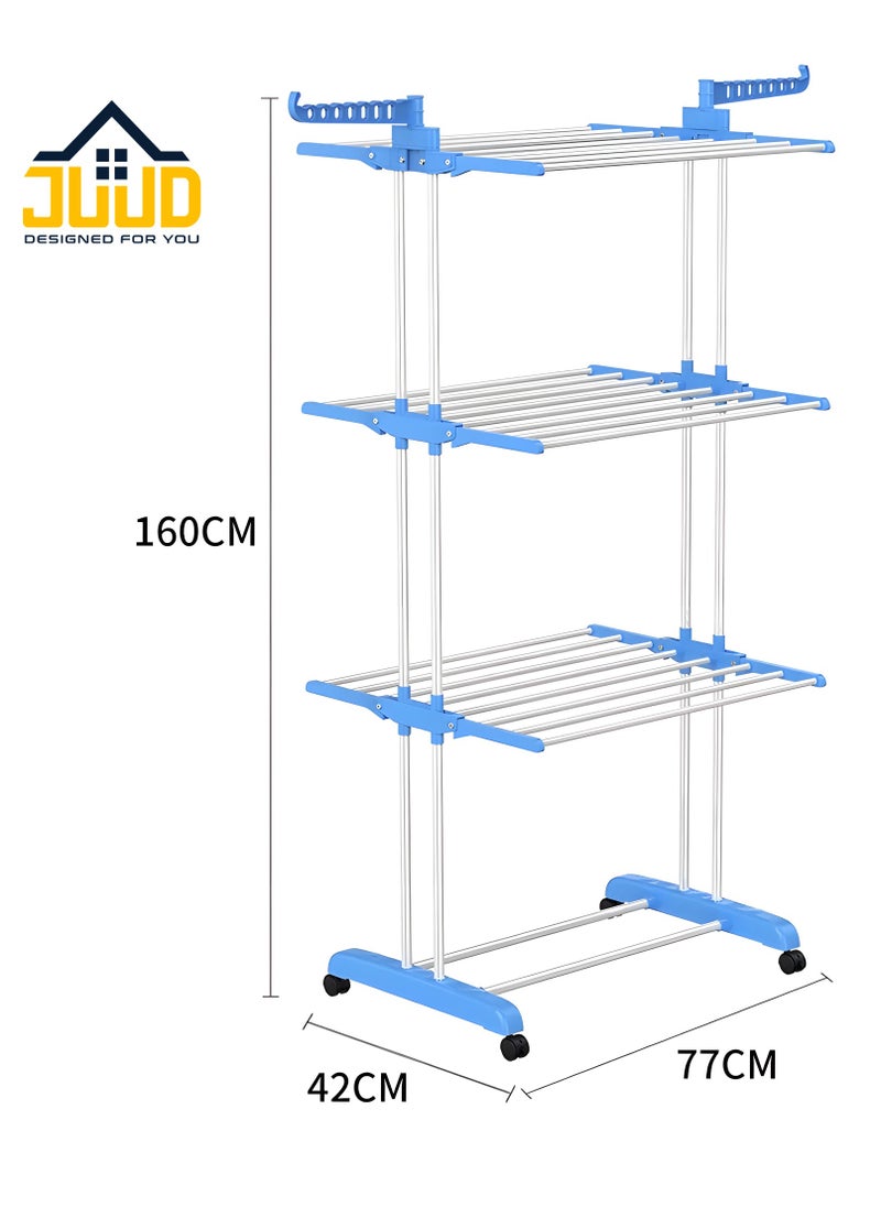 Juud - Juud 3-Tier Foldable Clothes Drying Rack with Adjustable Folding Wings Indoor Outdoor Laundry Stand Movable Airer with Wheels Durable Metal Frame Rolling Cloth Rack Dryer Stand for Balcony & Shoes Drying - Image 1