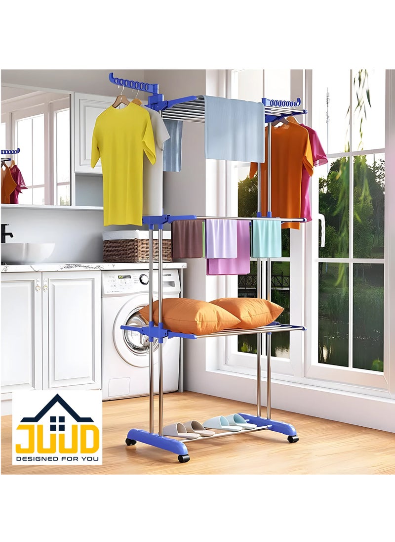 Juud - Juud 3-Tier Foldable Clothes Drying Rack with Adjustable Folding Wings Indoor Outdoor Laundry Stand Movable Airer with Wheels Durable Metal Frame Rolling Cloth Rack Dryer Stand for Balcony & Shoes Drying - Image 1