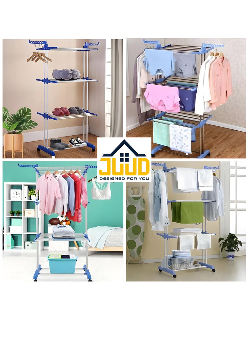 Juud - Juud 3-Tier Foldable Clothes Drying Rack with Adjustable Folding Wings Indoor Outdoor Laundry Stand Movable Airer with Wheels Durable Metal Frame Rolling Cloth Rack Dryer Stand for Balcony & Shoes Drying - Image 1