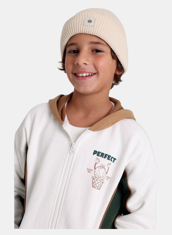 playmore Unisex Cozy Blend Ice Cap – Beige with Happy Smiley - Image 1