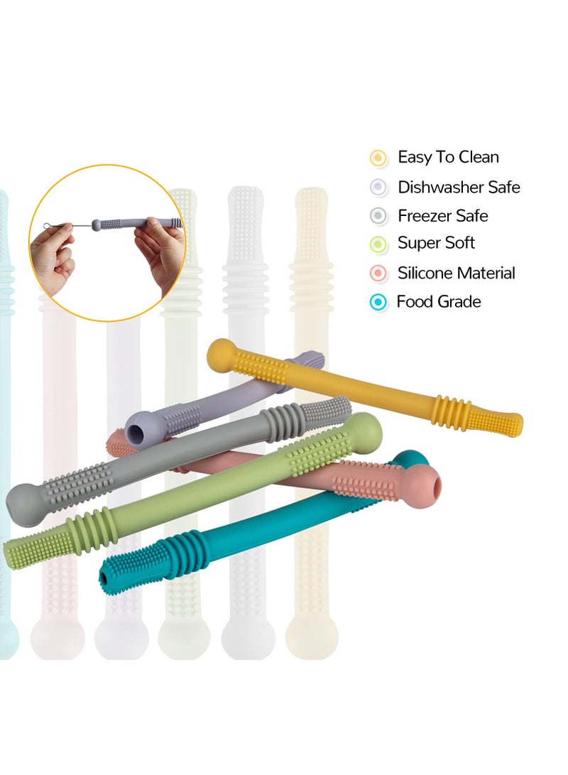 6 Pack Silicone Teething Tubes for Infants & Toddlers - BPA Free, Freezable & Dishwasher Safe Chew Straws for Babies 3-12 Months - Image 2