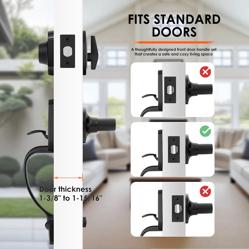 Haidms Matte Black Double Door Handle with Deadbolt, Black Front Door Lock Set, Heavy Duty Double Lock Door Handleset with Dummy, Double Front Door Hardware Set with Reversible Handle Lever - Image 3