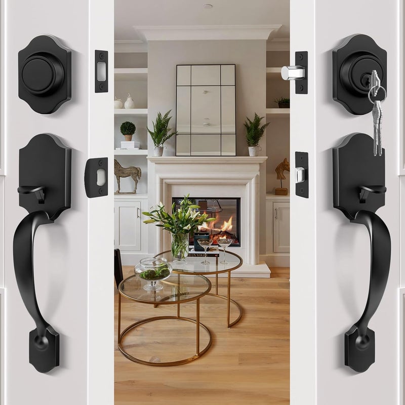 Haidms Matte Black Double Door Handle with Deadbolt, Black Front Door Lock Set, Heavy Duty Double Lock Door Handleset with Dummy, Double Front Door Hardware Set with Reversible Handle Lever - Image 2