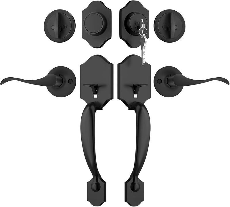 Haidms Matte Black Double Door Handle with Deadbolt, Black Front Door Lock Set, Heavy Duty Double Lock Door Handleset with Dummy, Double Front Door Hardware Set with Reversible Handle Lever - Image 1