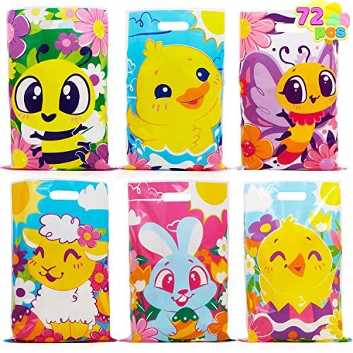 JOYIN 72 Pcs Easter Large Plastic Tote Bags Easter Goodie Treat Gift Bags for Egg Hunt Kids Party Favor Party SuppliesAnimals and Flowers - Image 1