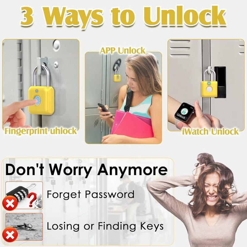 Pothunder Fingerprint Padlock, Smart Padlock, Locker Lock, Fingerprint Lock with APP Unlock, USB Rechargeable, Suitable for Gym Locker, Locker(Lemon Yellow) - Image 2