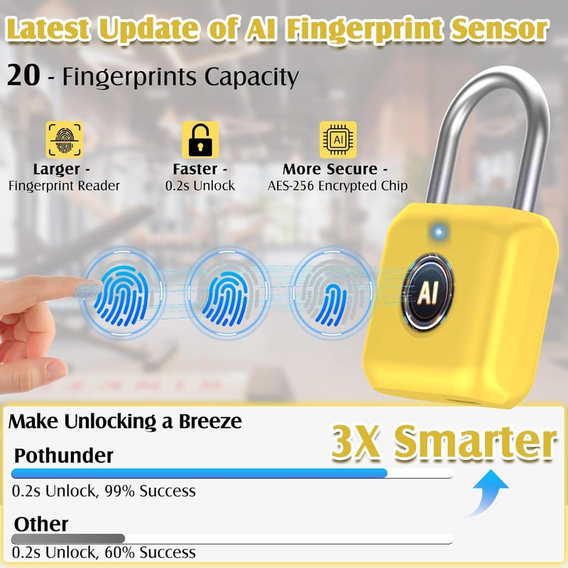 Pothunder Fingerprint Padlock, Smart Padlock, Locker Lock, Fingerprint Lock with APP Unlock, USB Rechargeable, Suitable for Gym Locker, Locker(Lemon Yellow) - Image 3
