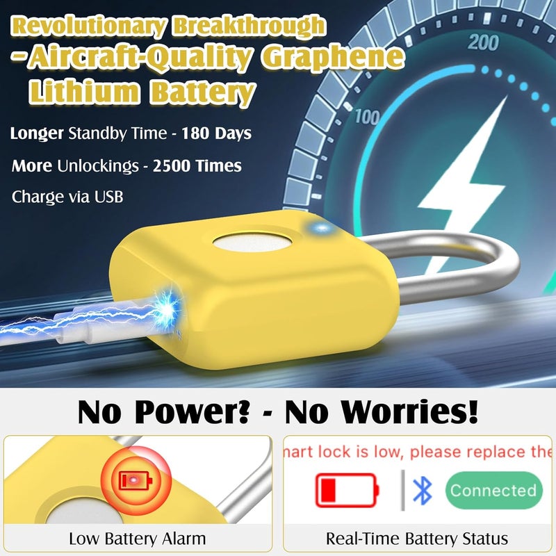 Pothunder Fingerprint Padlock, Smart Padlock, Locker Lock, Fingerprint Lock with APP Unlock, USB Rechargeable, Suitable for Gym Locker, Locker(Lemon Yellow) - Image 5