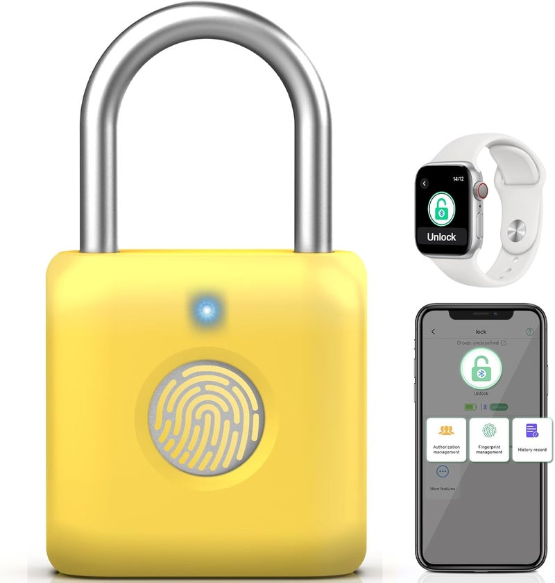 Pothunder Fingerprint Padlock, Smart Padlock, Locker Lock, Fingerprint Lock with APP Unlock, USB Rechargeable, Suitable for Gym Locker, Locker(Lemon Yellow) - Image 1