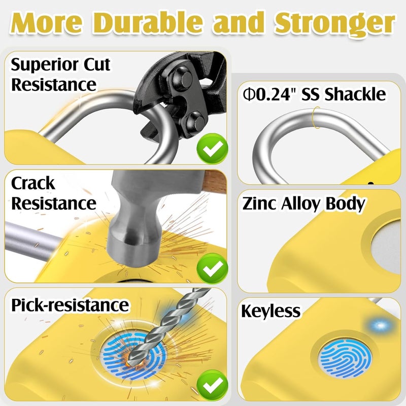 Pothunder Fingerprint Padlock, Smart Padlock, Locker Lock, Fingerprint Lock with APP Unlock, USB Rechargeable, Suitable for Gym Locker, Locker(Lemon Yellow) - Image 4