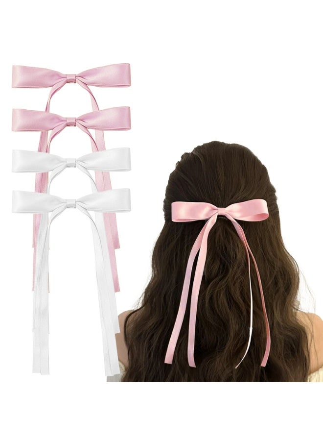 مشابك أقواس شعر، مشابك أقواس شعر بوليستر للشعر للنساء مع أقواس شعر طويلة الذيل لعيد الميلاد، 4 قطع （أبيض 、 وردي） - Image 1