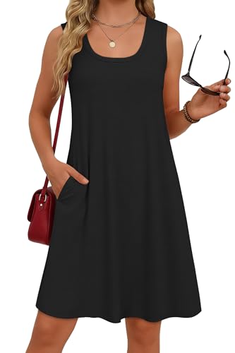 elescat Sundresses for Women Casual Loose Summer Dresses Sleeveless U Neck Tank Dress with Pockets (Black, L) - Image 1