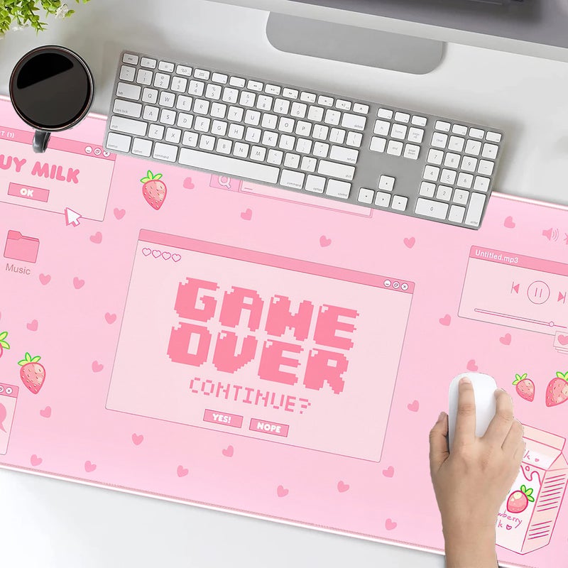 Mechanical Cattle Pink Cute Desk Mat Kawaii Mouse Pad Anime Gaming Desk Pad XXL, Pastel Strawberry Milk Mousepad Large, Aesthetic Laptop Keyboard Mats for Desk, Full Desk Mouse Mat for Women Girl 31.5X15.7 in - Image 4