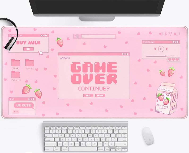 Mechanical Cattle Pink Cute Desk Mat Kawaii Mouse Pad Anime Gaming Desk Pad XXL, Pastel Strawberry Milk Mousepad Large, Aesthetic Laptop Keyboard Mats for Desk, Full Desk Mouse Mat for Women Girl 31.5X15.7 in - Image 1