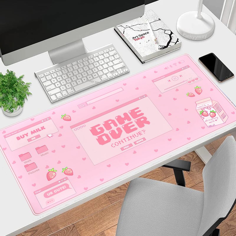 Mechanical Cattle Pink Cute Desk Mat Kawaii Mouse Pad Anime Gaming Desk Pad XXL, Pastel Strawberry Milk Mousepad Large, Aesthetic Laptop Keyboard Mats for Desk, Full Desk Mouse Mat for Women Girl 31.5X15.7 in - Image 2