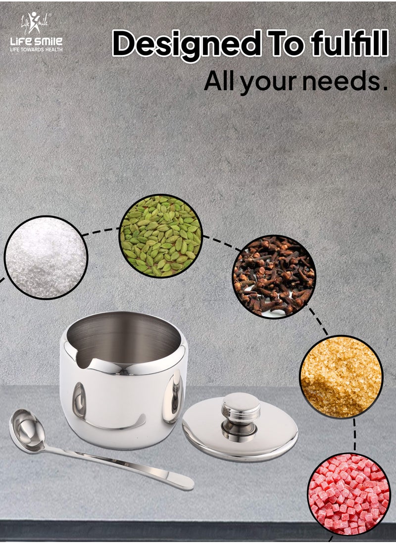 Life Smile - Stainless Steel Sugar Bowl Set, Spice Set for All Kinds of Spices  With Spoon And Lid , Tea and Sugar - Image 1