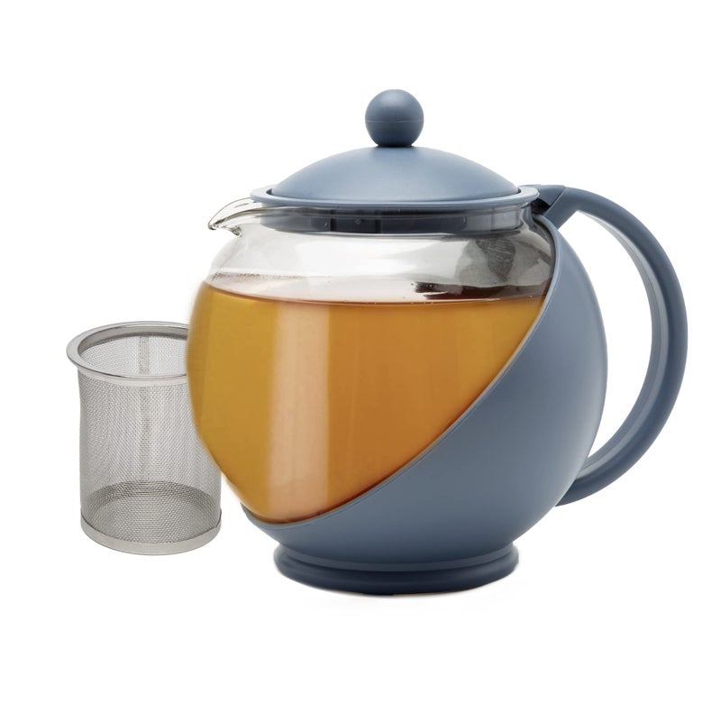 Primula Half Moon Teapot with Removable Infuser Glass Tea Maker with Reusable Fine Mesh Stainless Steel Filter Dishwasher Safe 40Ounce Blue