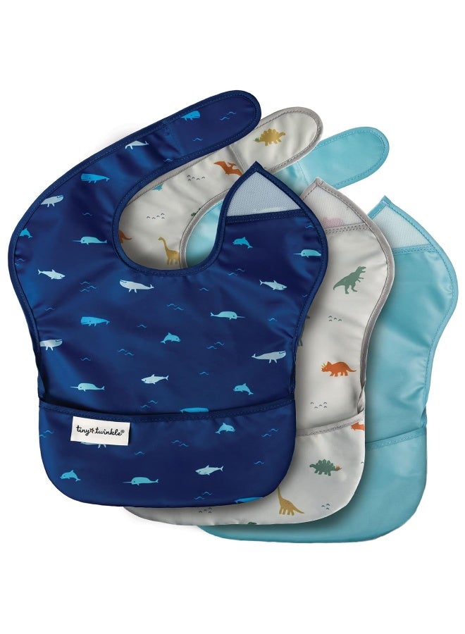 Tiny Twinkle Mess Proof Baby Bibs for Eating - Waterproof, Wipeable Bibs - Toddler Bibs - Travel Friendly - PFAS, PVC, BPA, Phthalate Free - Baby Food Bibs(3 Pack,Sea, Dino) - Image 1