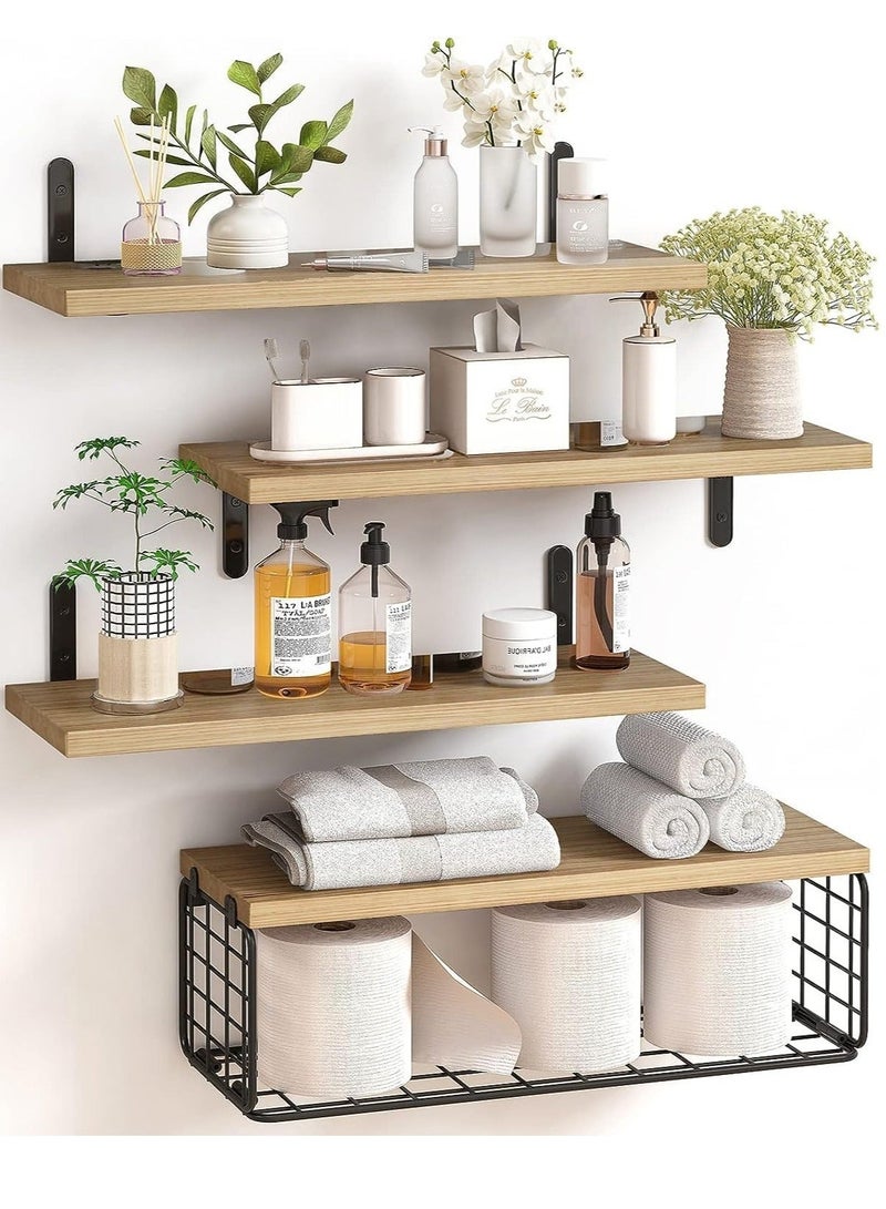 والالا 4 عبوات من الأرفف العائمة الخشبية المثبتة على الحائط، رف تخزين رف معلق، رف عرض منزلي، رف نباتي، رف تخزين منزلي مع سلة تخزين سلكية للمنزل والمكتب - Image 1