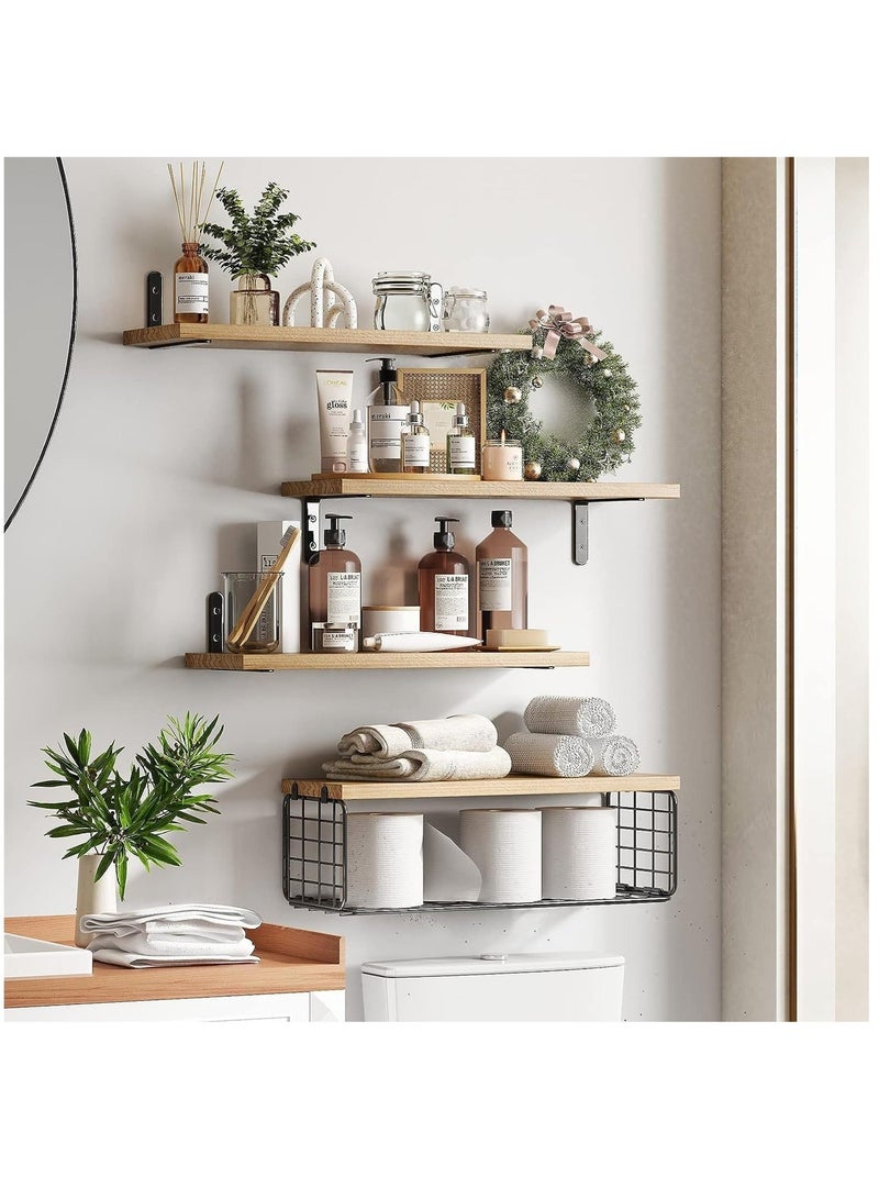 والالا 4 عبوات من الأرفف العائمة الخشبية المثبتة على الحائط، رف تخزين رف معلق، رف عرض منزلي، رف نباتي، رف تخزين منزلي مع سلة تخزين سلكية للمنزل والمكتب - Image 2
