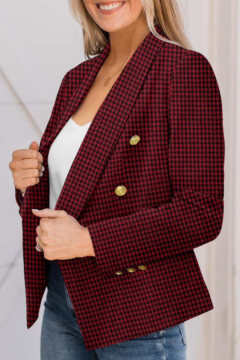CRAZY GRID Women Business Casual Blazer Double Breasted Work Professional Blazer Jackets Long Sleeve Gold Buttons Fashion Suit Jacket L Red Plaid - Image 4