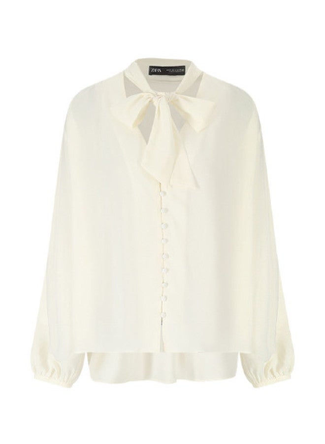 Zara Women's Tied Pure Color Lightweight Business Casual Office Commute Long Sleeve Shirt - Image 1