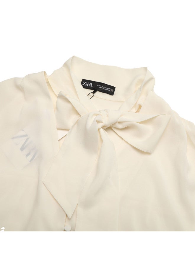 Zara Women's Tied Pure Color Lightweight Business Casual Office Commute Long Sleeve Shirt - Image 4