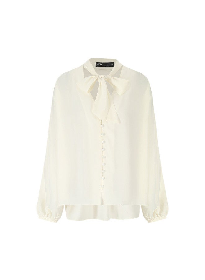 Zara Women's Tied Pure Color Lightweight Business Casual Office Commute Long Sleeve Shirt - Image 2