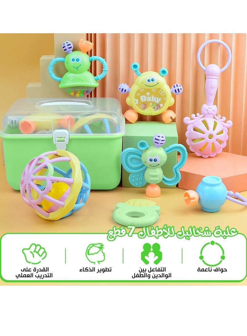 7-Piece Baby Rattle Set Soft Rubber Sensory Toys for Infants and Newborns (Green) - Image 3