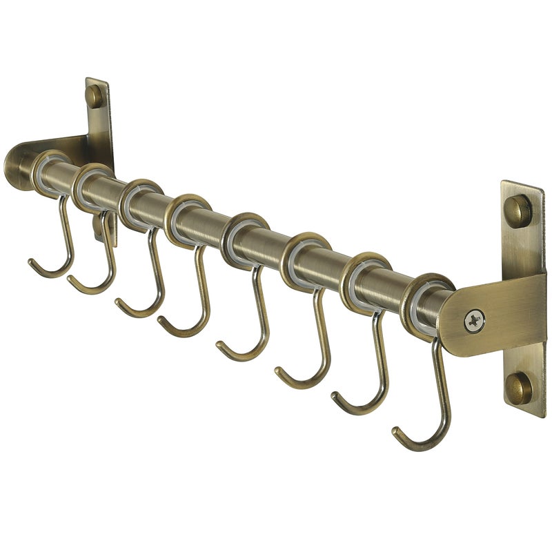 Dseap Kitchen Utensil Holder Hanger Pot and Pan Rack Wall Mount Kitchen Rail with 8 Hooks for Hanging Cooking Utensils Mugs Spoons Wall Mounted Stainless Steel Bronze
