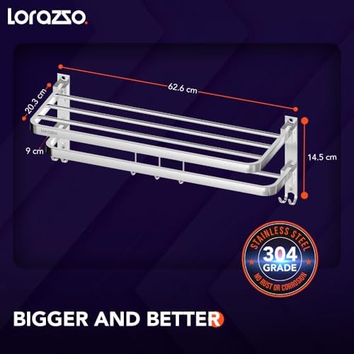 Lorazzo Towel Rack - Foldable (24-inches) | Stainless Steel 304 | Bathroom Accessories | Towel Holder | Towel Rod for Bathroom | Towel Rod | Chrome Finish | Towel Hanger for Bathroom - Image 4