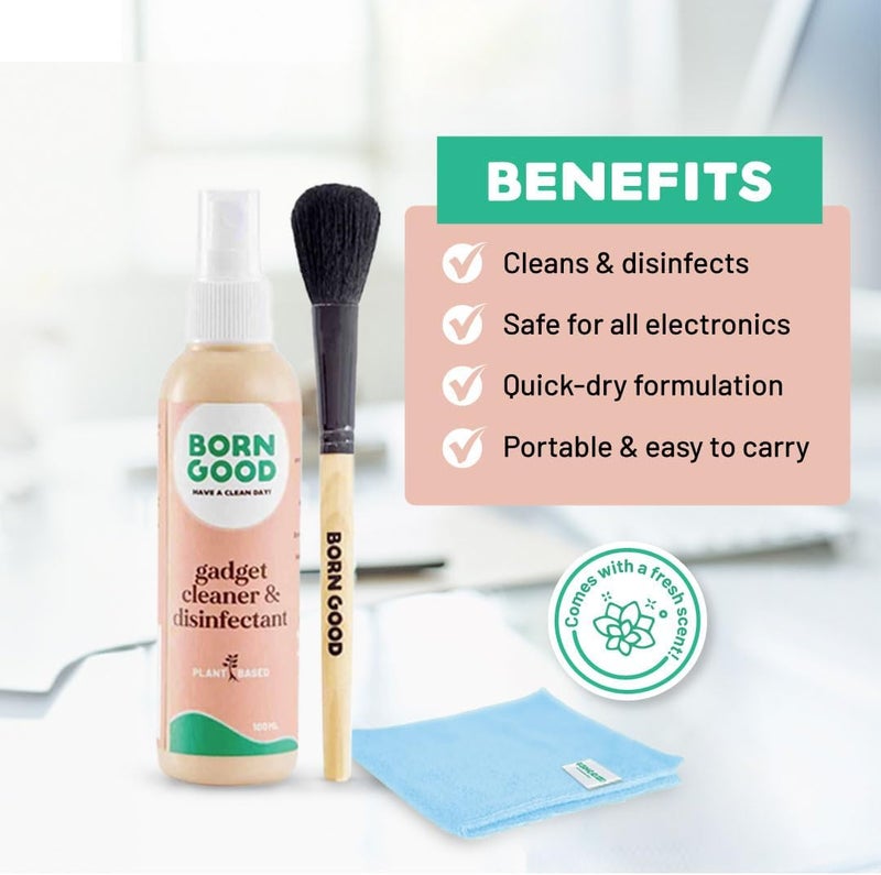 Born Good 3-in-1 Plant-Based Electronics & Gadget Disinfectant Cleaner Kit for Laptop, Smartphone, Monitor, Tablet, Camera, TVs with 1 Microfiber Cloths & Soft Brush - Image 2