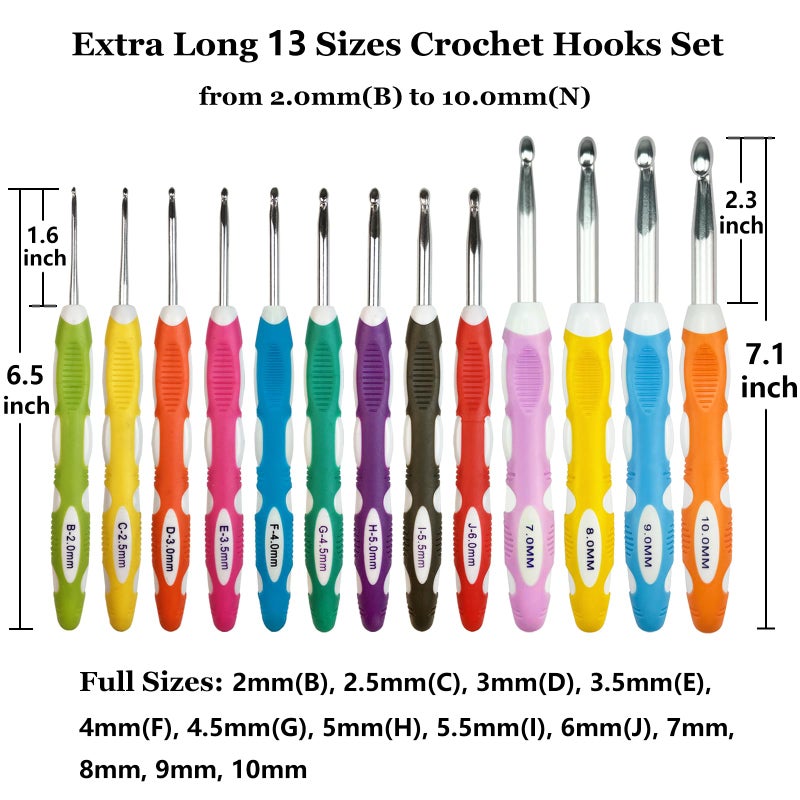 Hobekoee 13 Sizes Crochet Hooks Set,Ergonomic Non-Slip Handle Crochet Hooks for Arthritic Hands,Extra Long Crochet Hook Needles 2mm(B)-10mm(N) - Image 2
